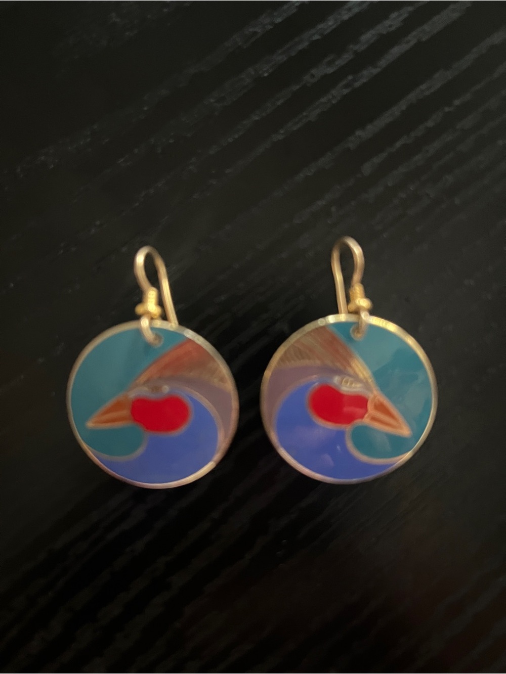 Laurel Burch Blue Teal and Red Enamel Bird Drop Earrings